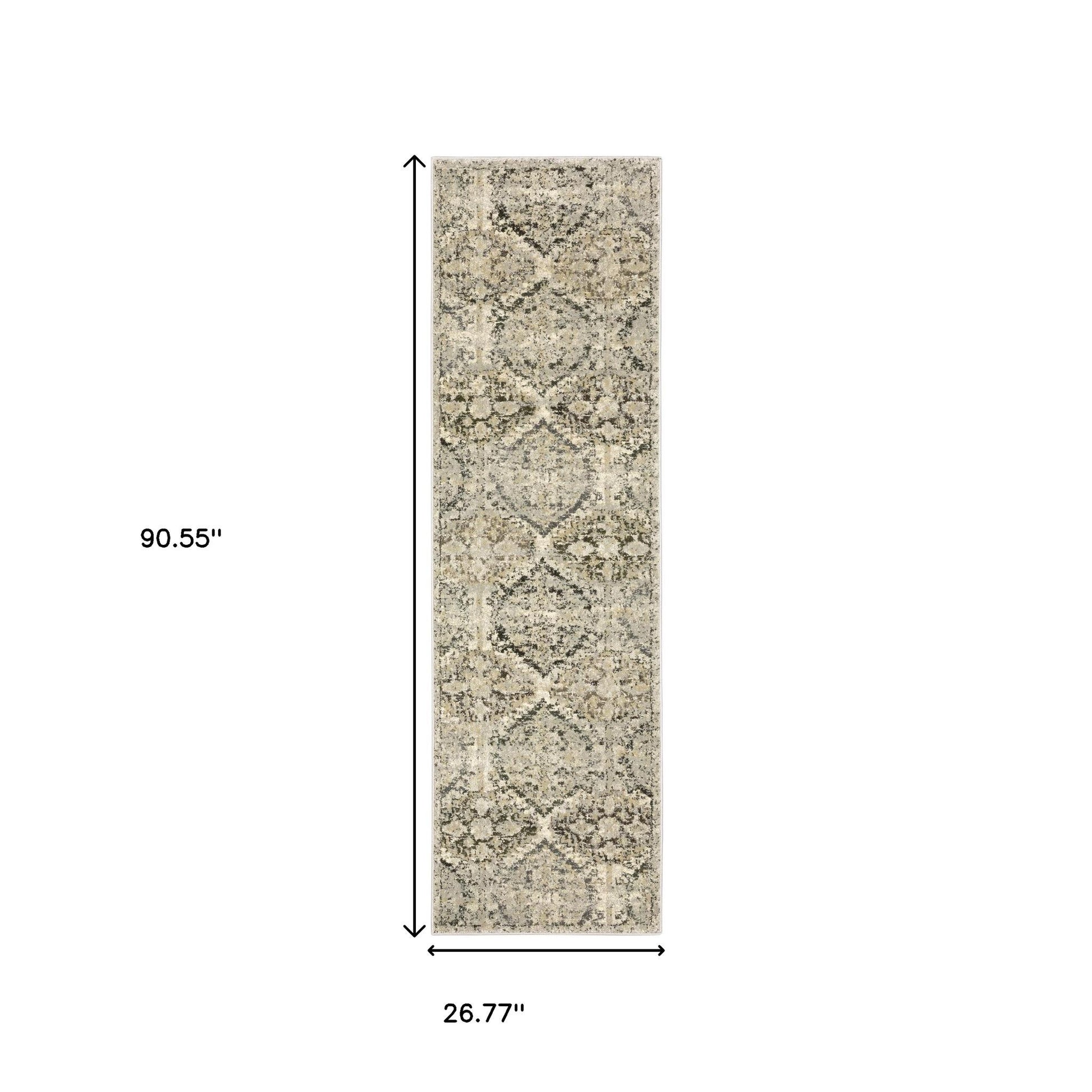 2' X 8' Ivory And Gray Floral Trellis Indoor Runner Rug-Area Rugs-DECOROLALA