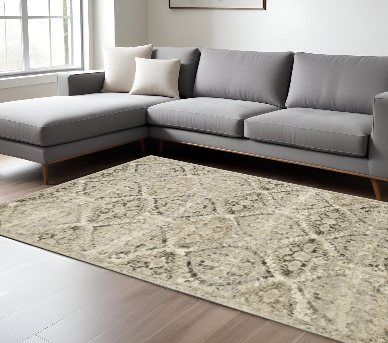 2' X 8' Ivory And Gray Floral Trellis Indoor Runner Rug-Area Rugs-DECOROLALA