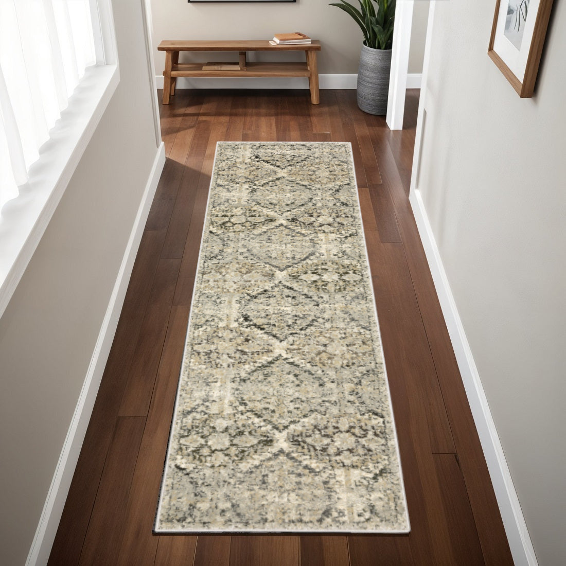 2' X 8' Ivory And Gray Floral Trellis Indoor Runner Rug-Area Rugs-DECOROLALA