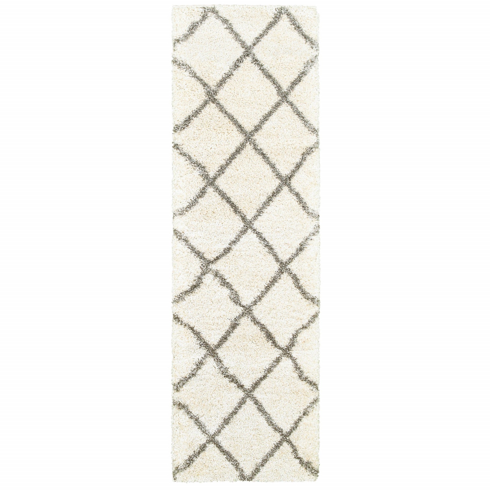 2' X 8' Ivory And Gray Geometric Lattice Runner Rug-Area Rugs-DECOROLALA