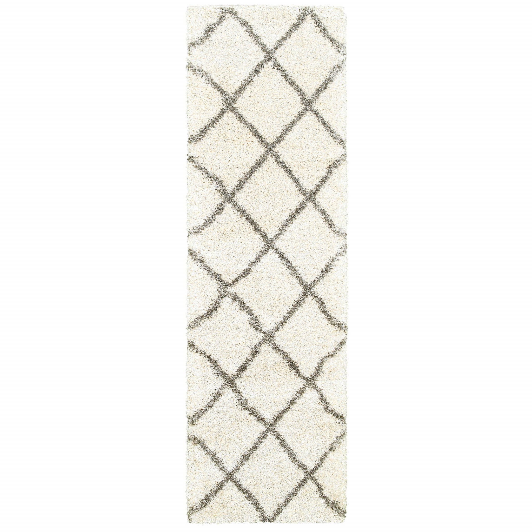 2' X 8' Ivory And Gray Geometric Lattice Runner Rug-Area Rugs-DECOROLALA