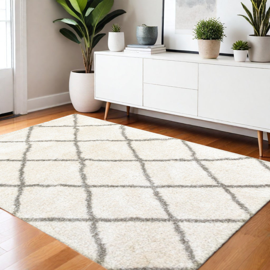 2' X 8' Ivory And Gray Geometric Lattice Runner Rug-Area Rugs-DECOROLALA