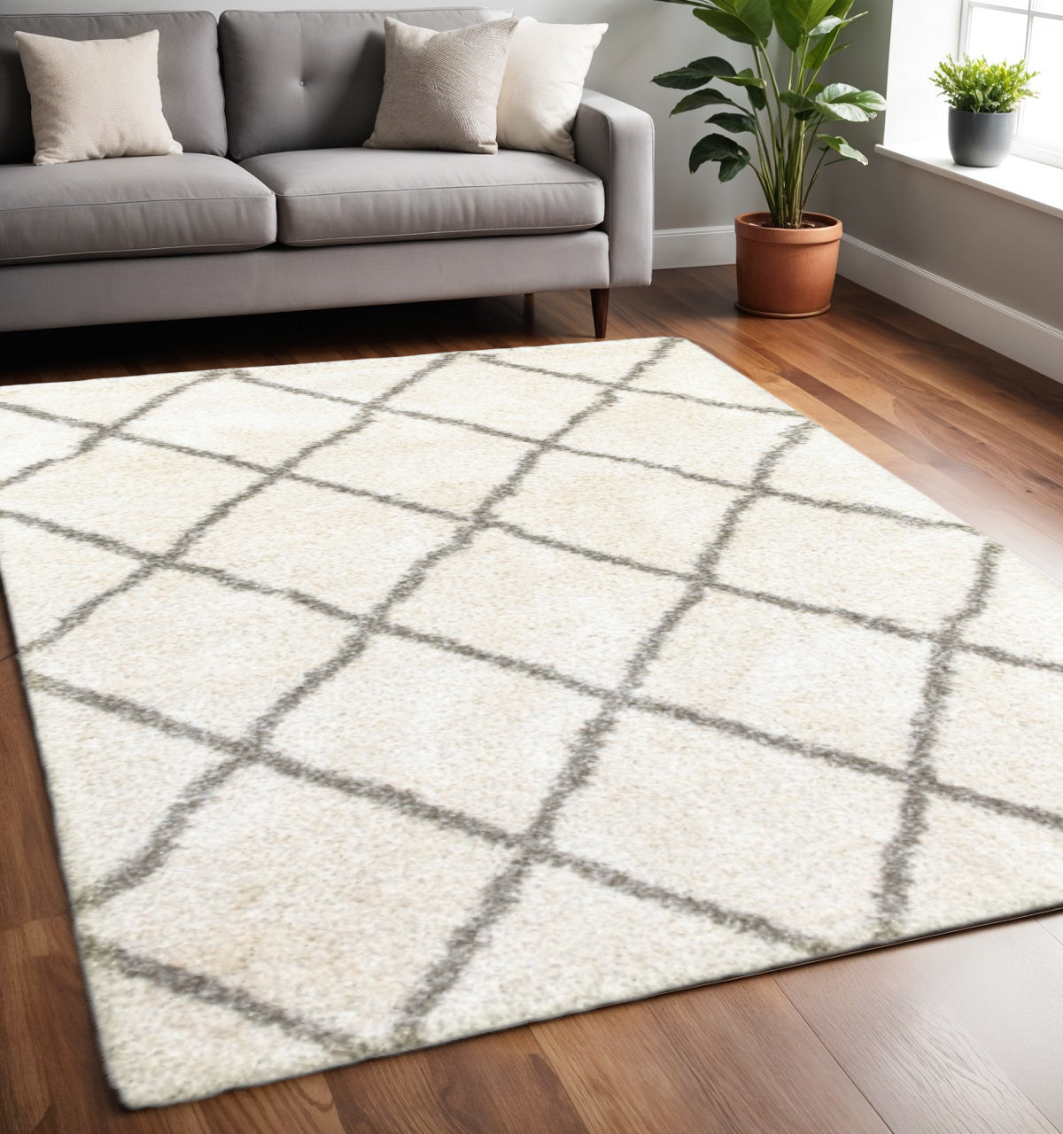 2' X 8' Ivory And Gray Geometric Lattice Runner Rug-Area Rugs-DECOROLALA