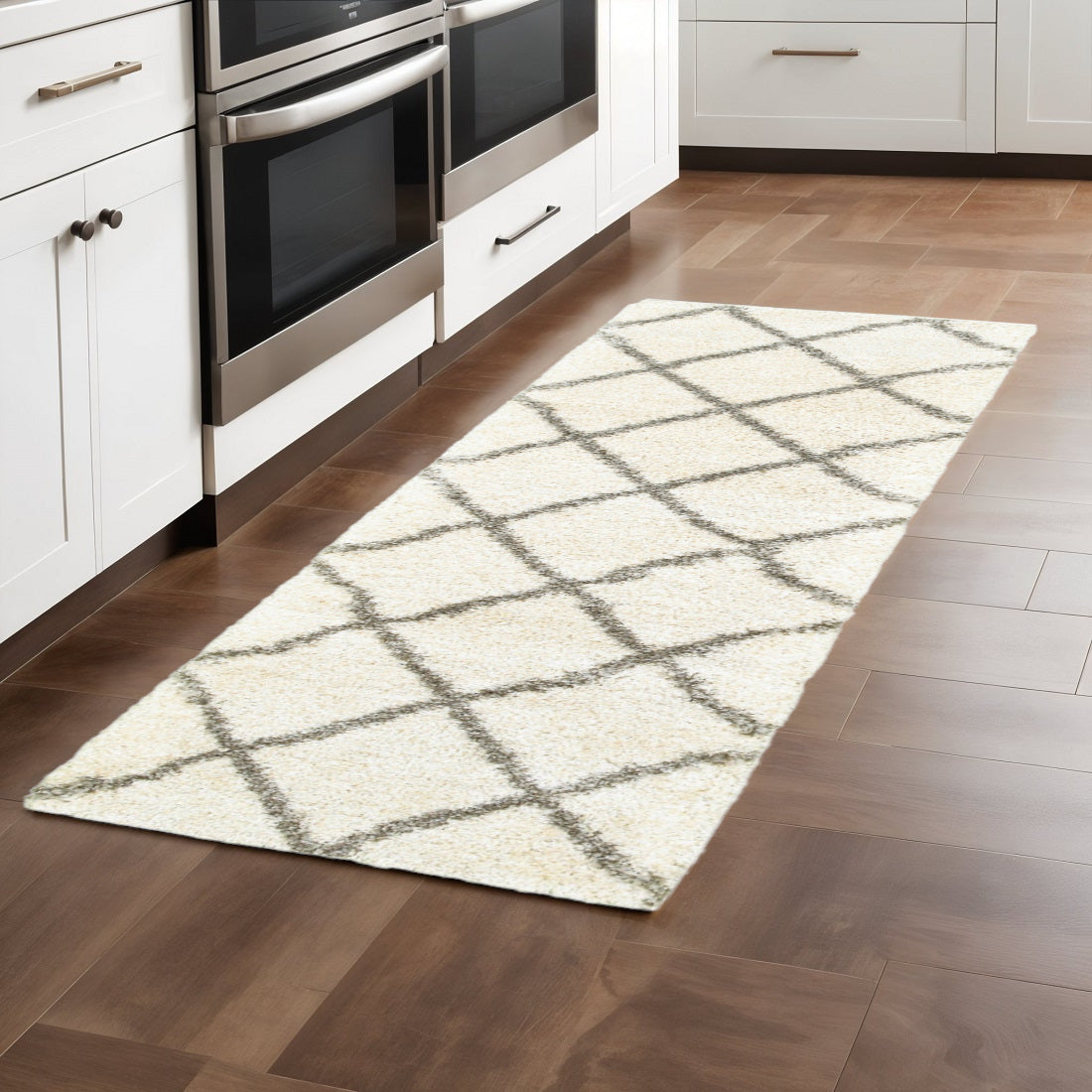 2' X 8' Ivory And Gray Geometric Lattice Runner Rug-Area Rugs-DECOROLALA