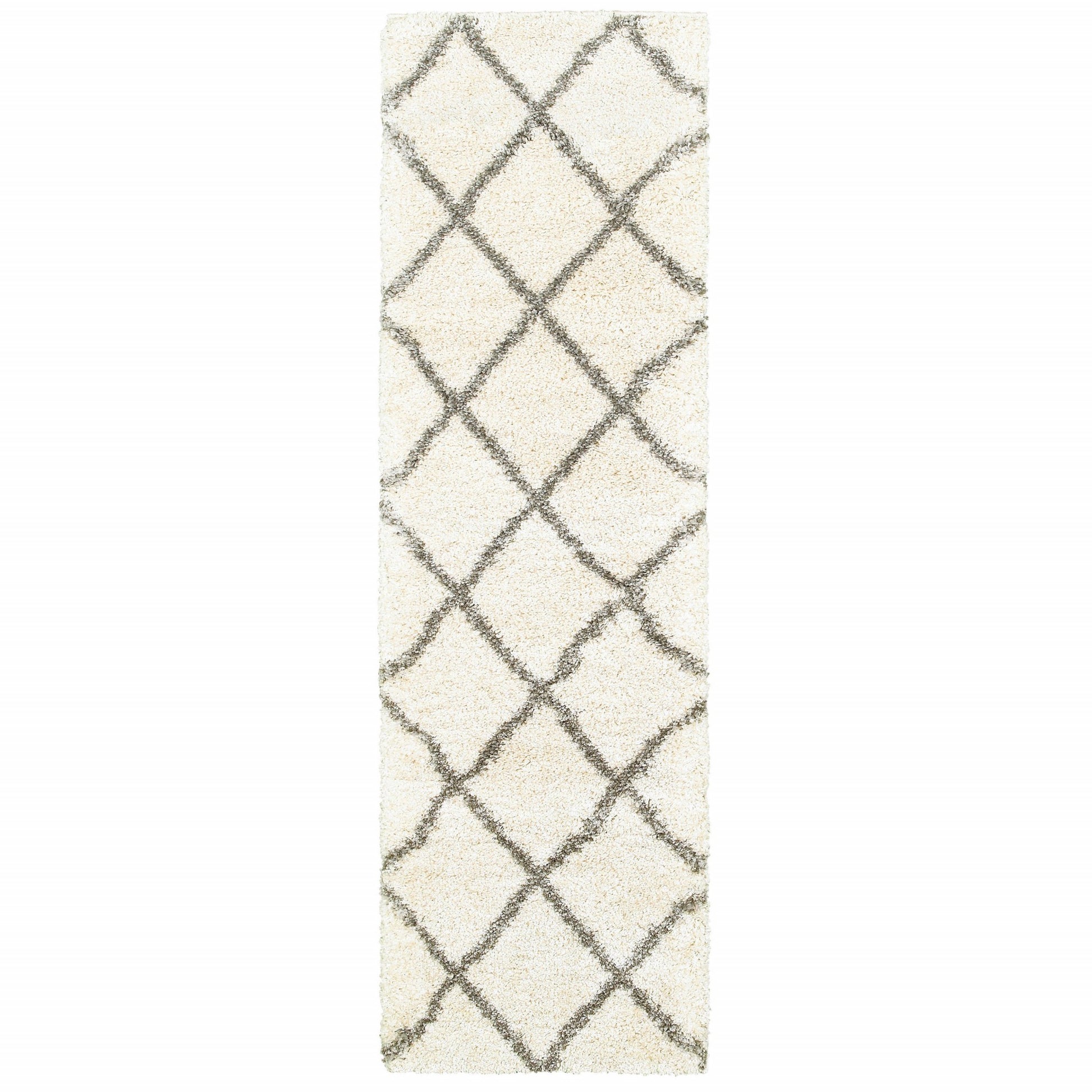 2' X 8' Ivory And Gray Geometric Lattice Runner Rug-Area Rugs-DECOROLALA