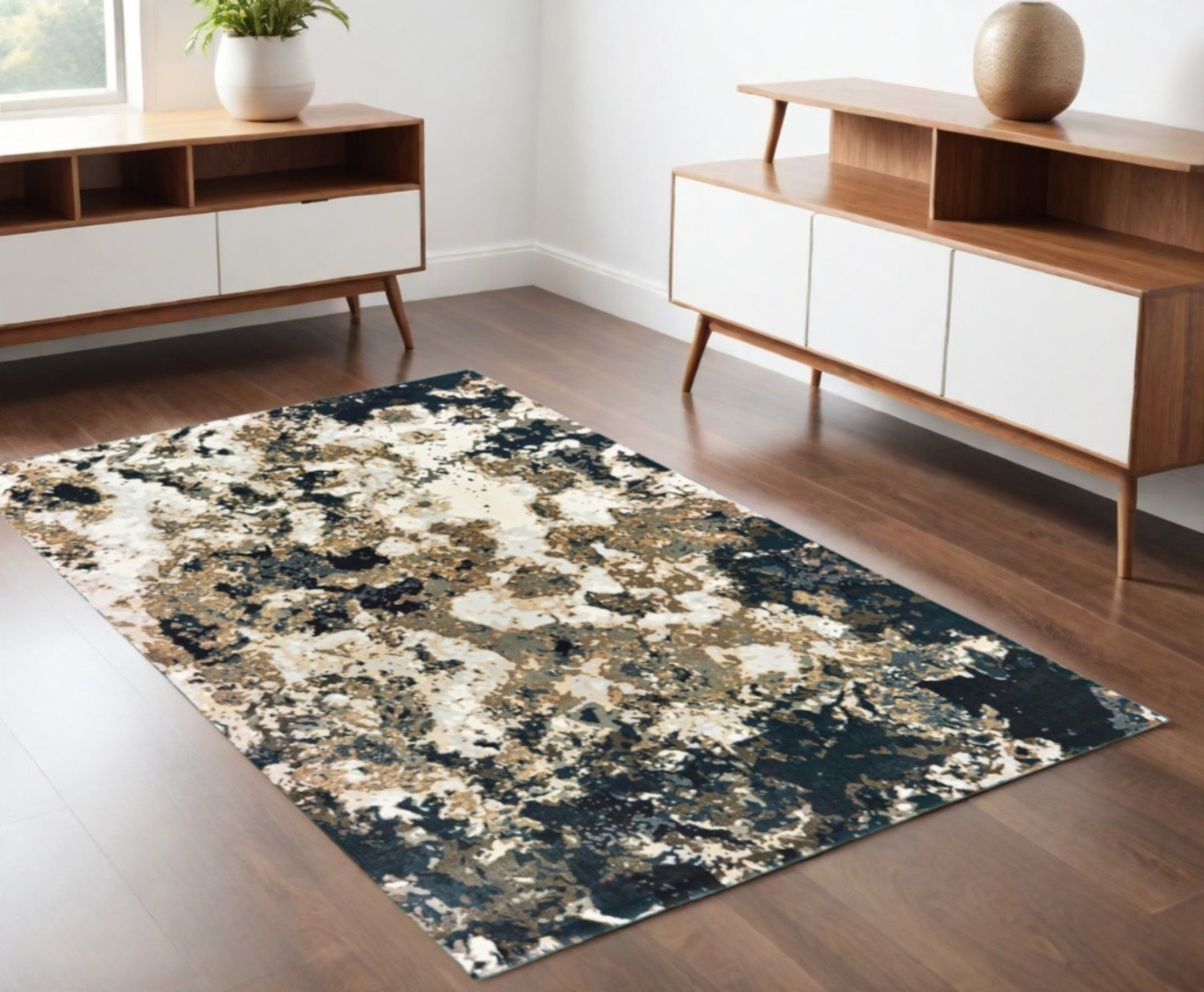 2' X 8' Ivory Navy Abstract Marble Indoor Runner Rug-Area Rugs-DECOROLALA