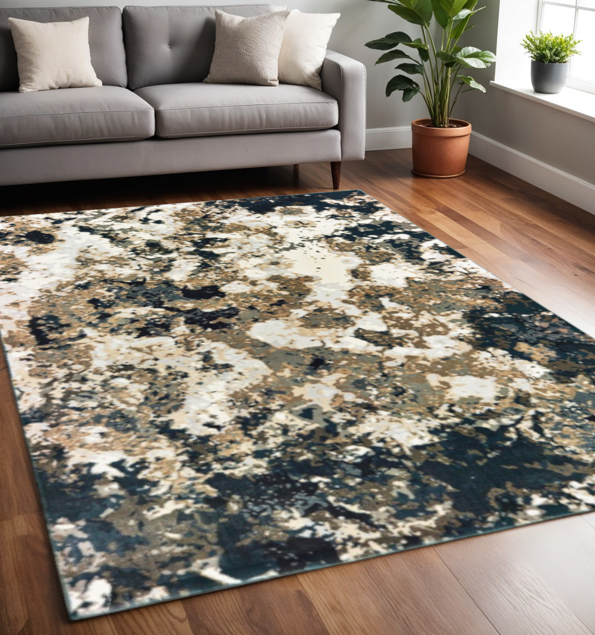 2' X 8' Ivory Navy Abstract Marble Indoor Runner Rug-Area Rugs-DECOROLALA