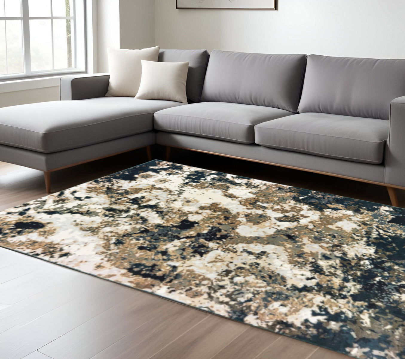 2' X 8' Ivory Navy Abstract Marble Indoor Runner Rug-Area Rugs-DECOROLALA