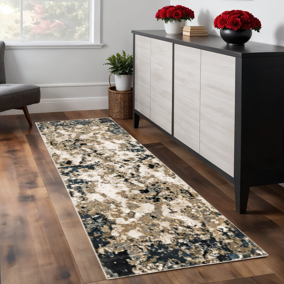 2' X 8' Ivory Navy Abstract Marble Indoor Runner Rug-Area Rugs-DECOROLALA
