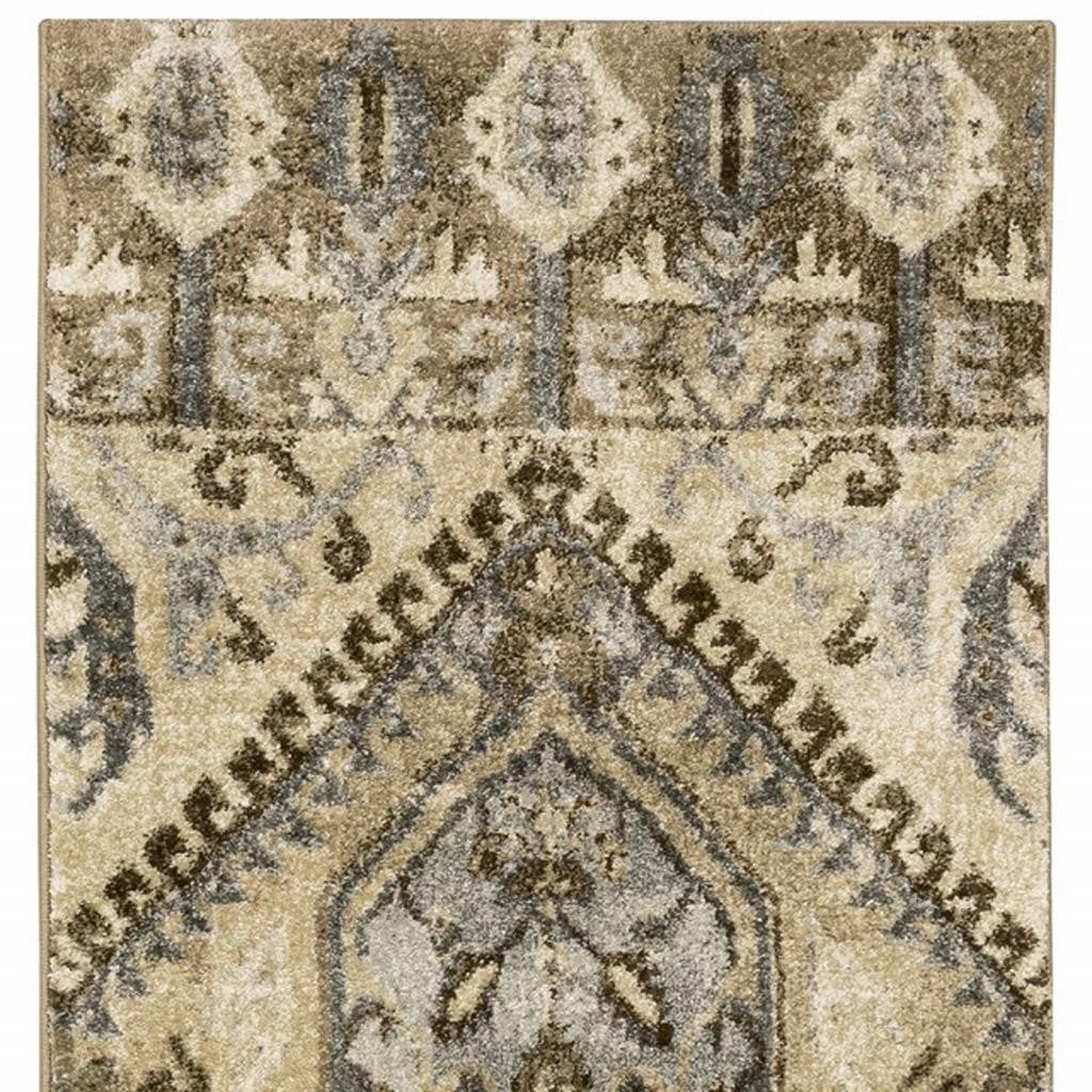 2' X 8' Tan And Gold Central Medallion Indoor Runner Rug-Area Rugs-DECOROLALA