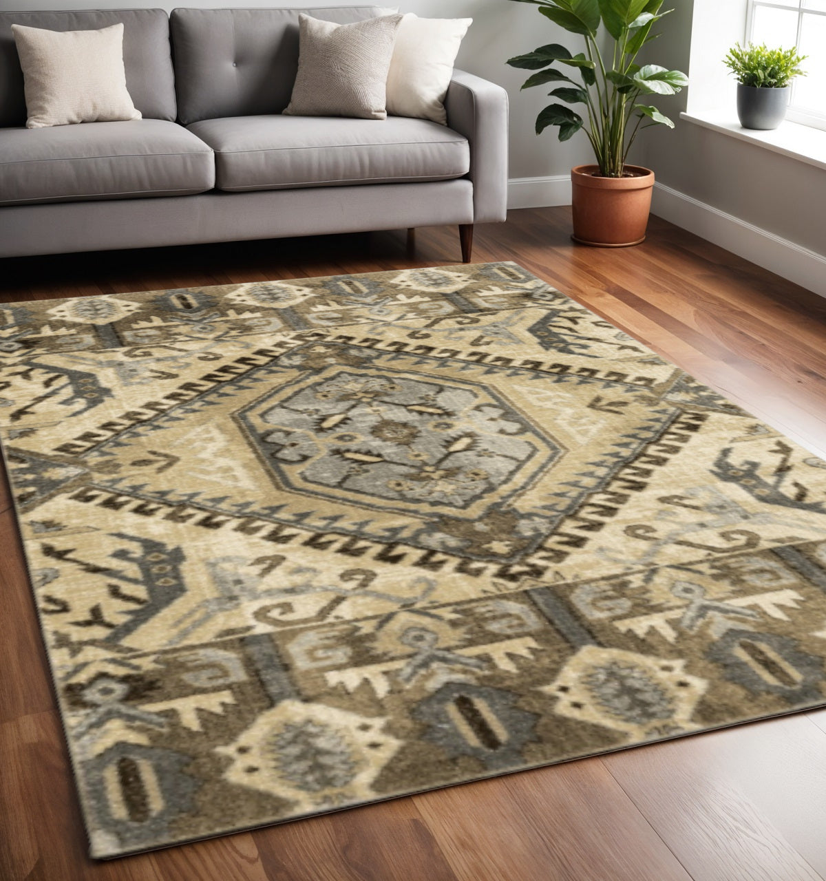 2' X 8' Tan And Gold Central Medallion Indoor Runner Rug-Area Rugs-DECOROLALA