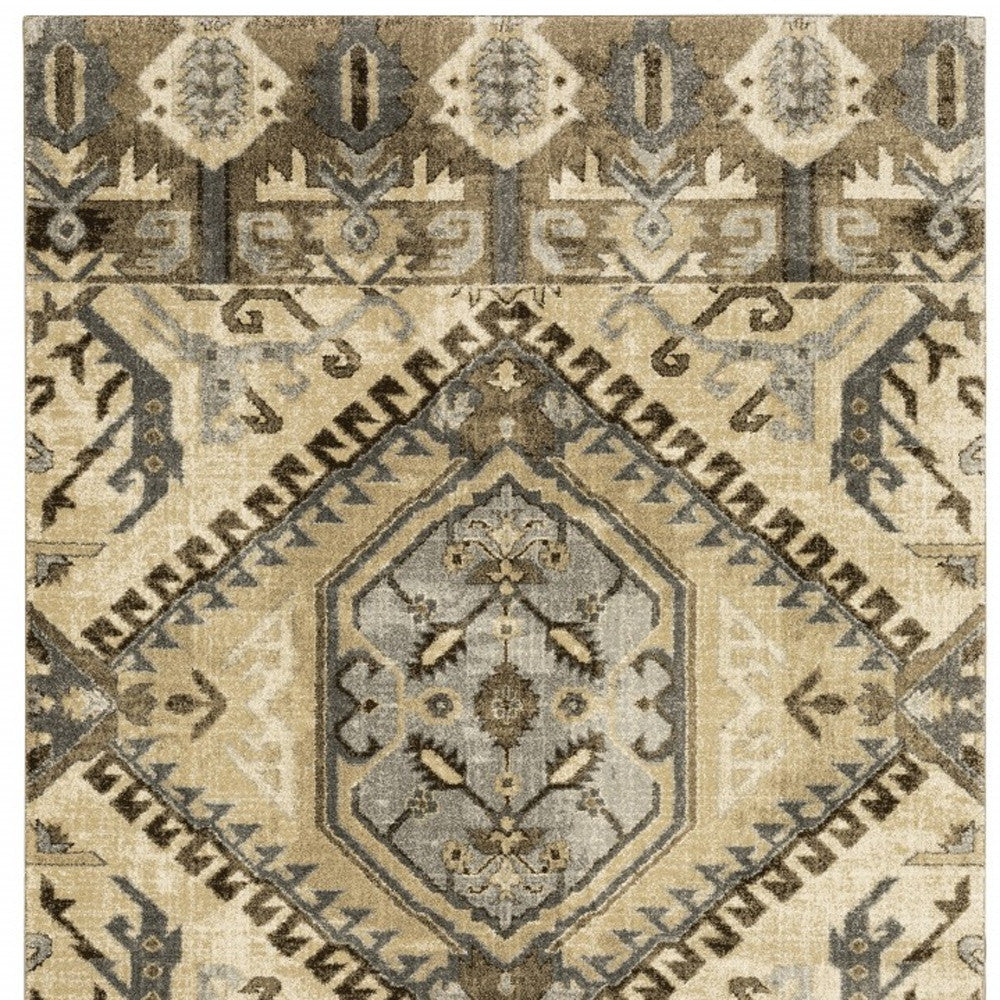 2' X 8' Tan And Gold Central Medallion Indoor Runner Rug-Area Rugs-DECOROLALA