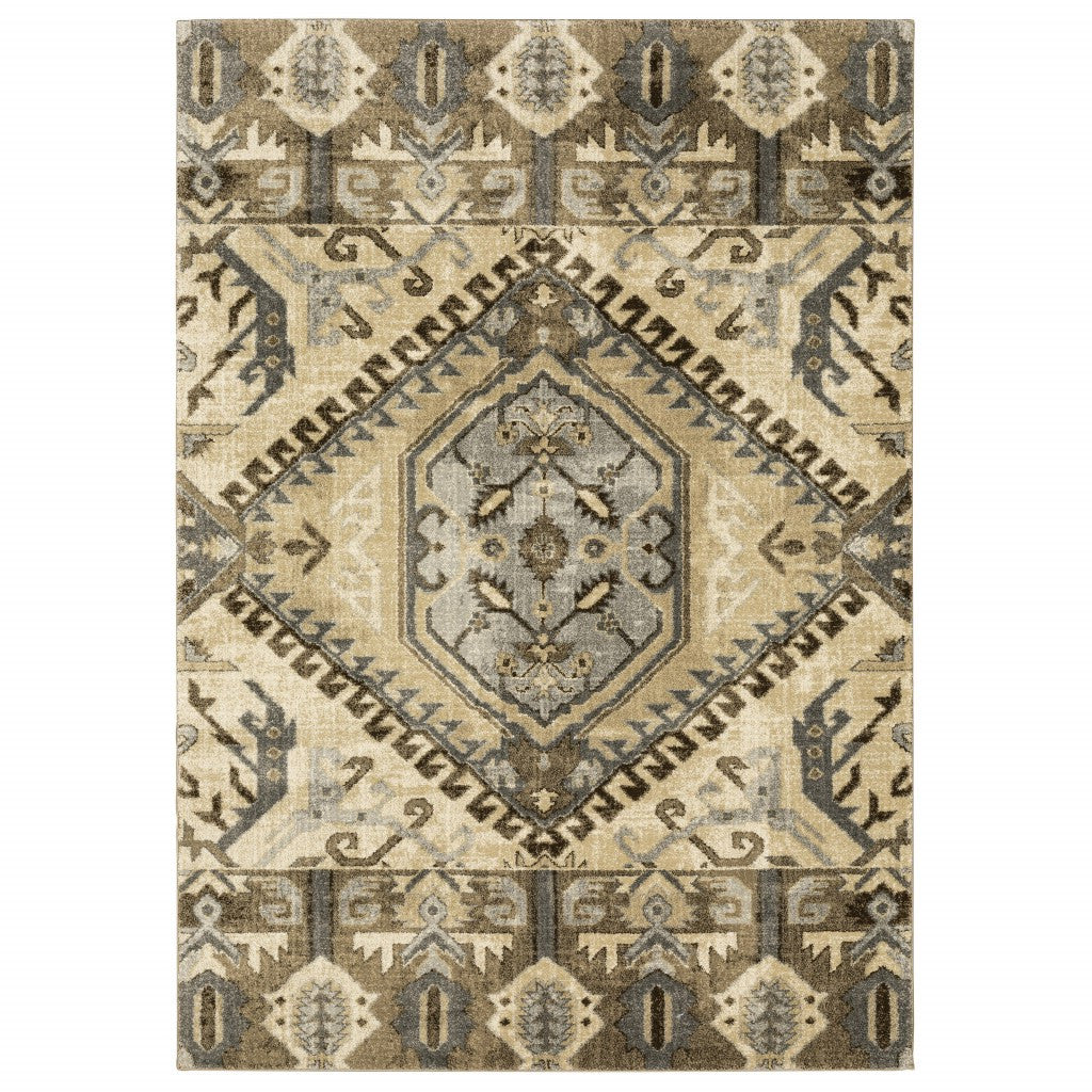 2' X 8' Tan And Gold Central Medallion Indoor Runner Rug-Area Rugs-DECOROLALA