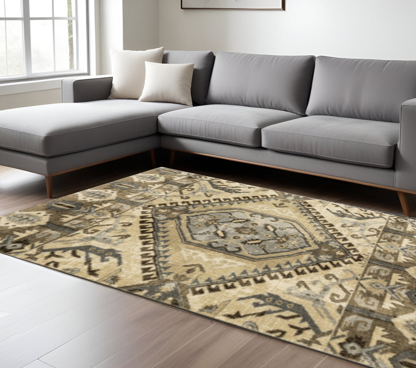 2' X 8' Tan And Gold Central Medallion Indoor Runner Rug-Area Rugs-DECOROLALA