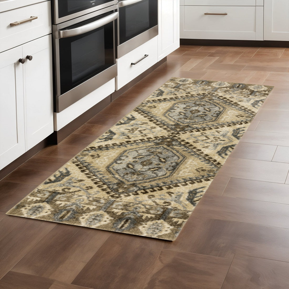 2' X 8' Tan And Gold Central Medallion Indoor Runner Rug-Area Rugs-DECOROLALA