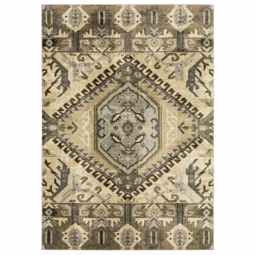 2' X 8' Tan And Gold Central Medallion Indoor Runner Rug-Area Rugs-DECOROLALA