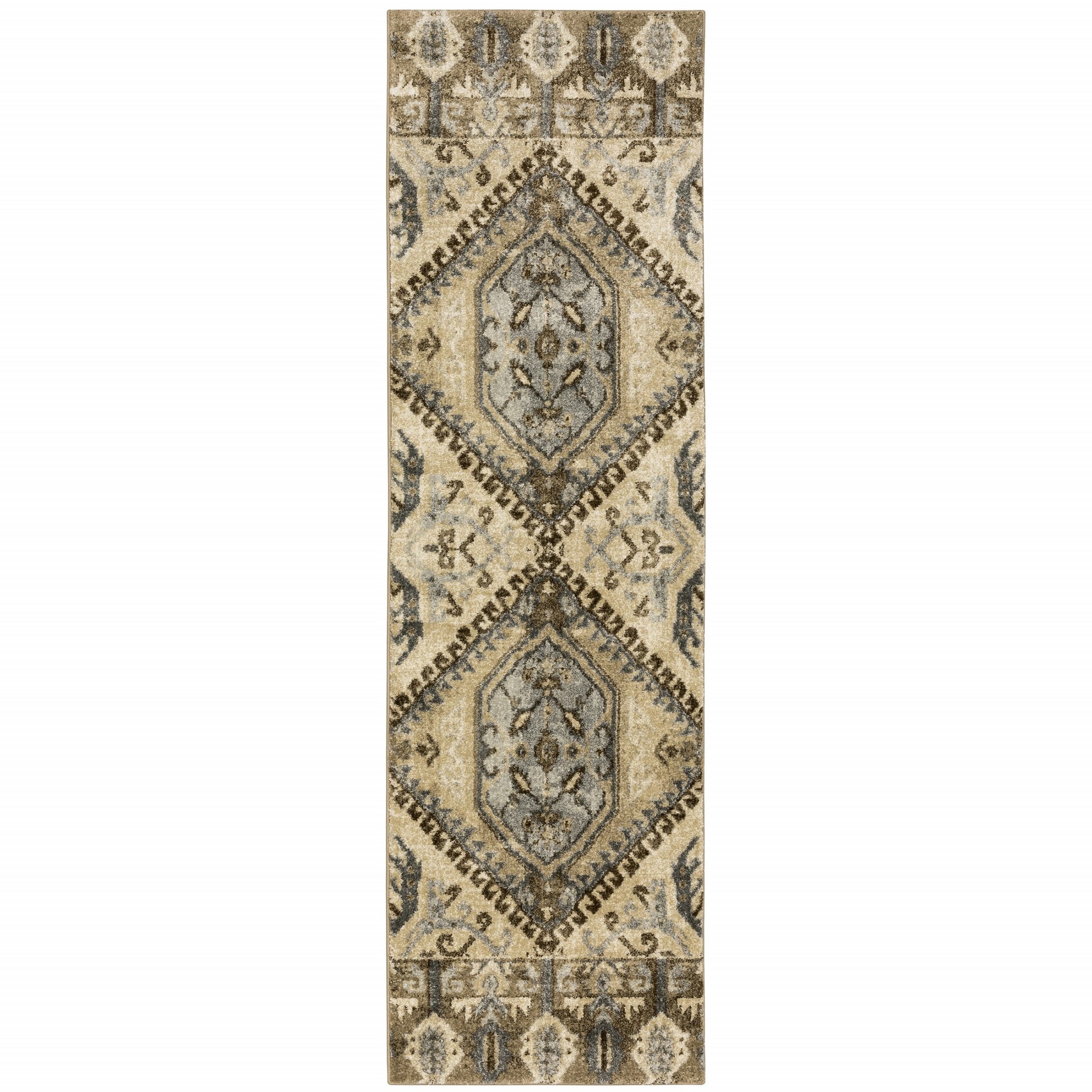 2' X 8' Tan And Gold Central Medallion Indoor Runner Rug-Area Rugs-DECOROLALA