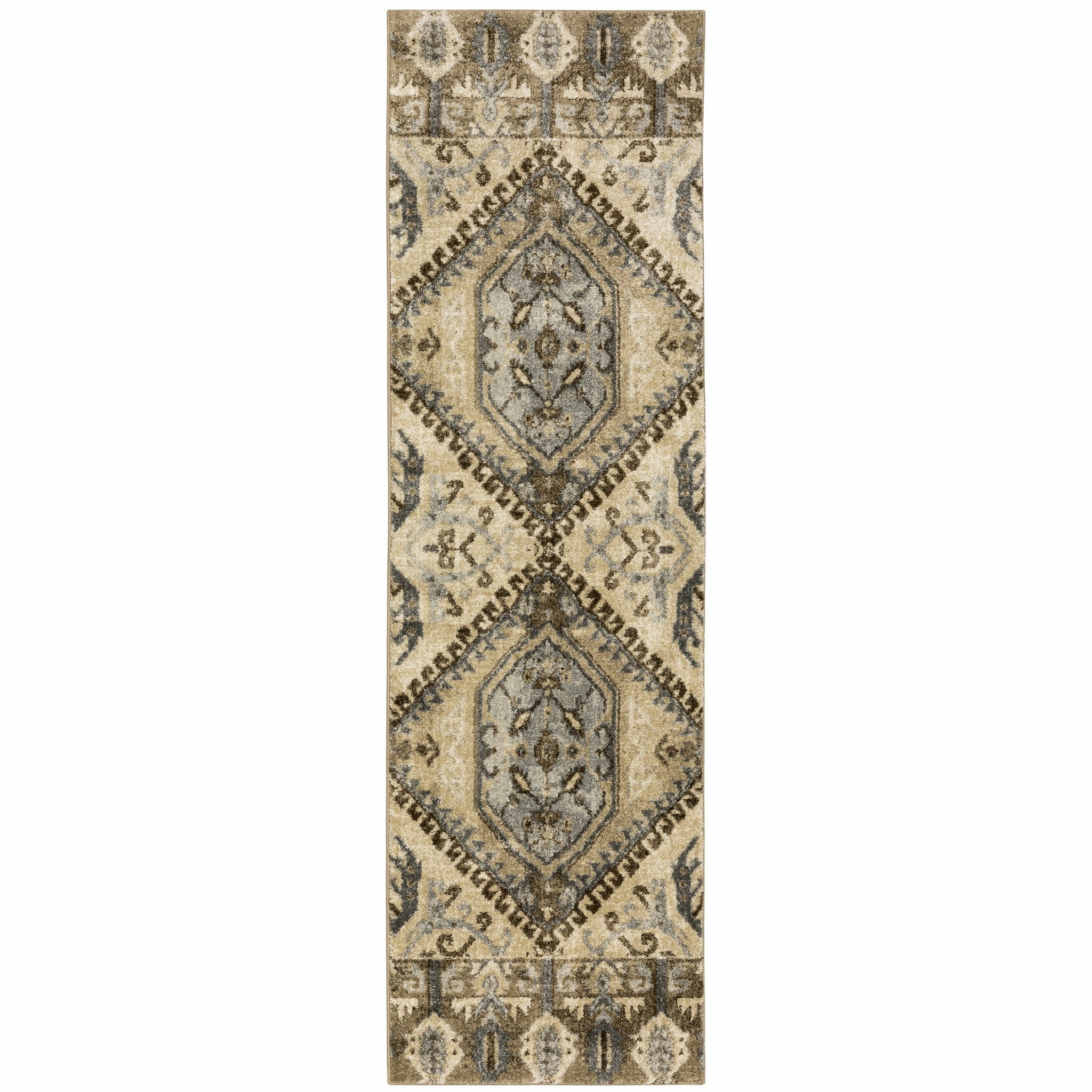 2' X 8' Tan And Gold Central Medallion Indoor Runner Rug-Area Rugs-DECOROLALA