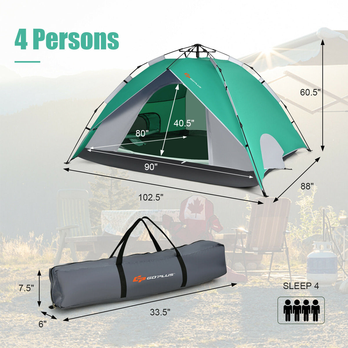 2-in-1 4 Person Instant Pop-up Waterproof Camping Tent-Green-Tents-DECOROLALA