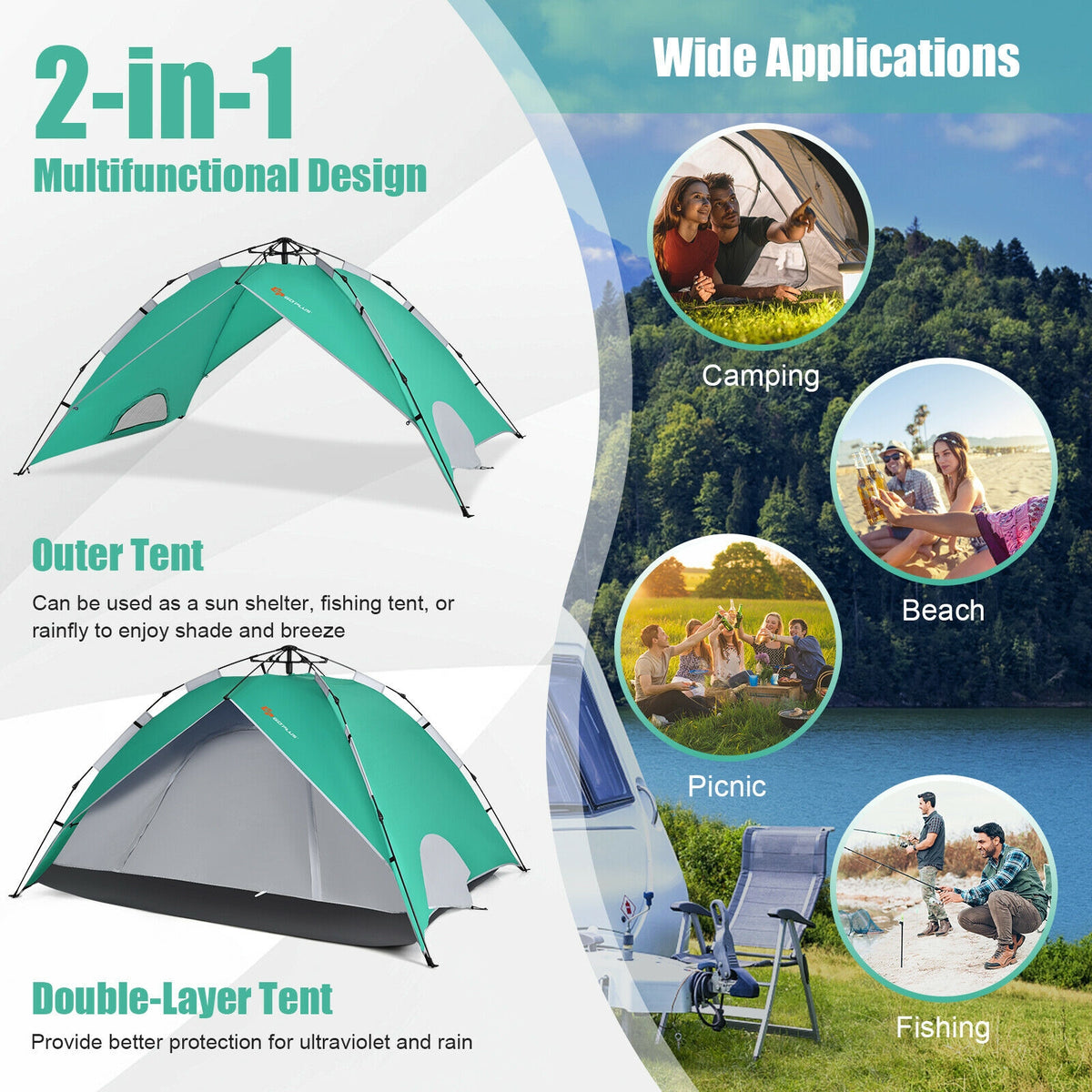 2-in-1 4 Person Instant Pop-up Waterproof Camping Tent-Green-Tents-DECOROLALA