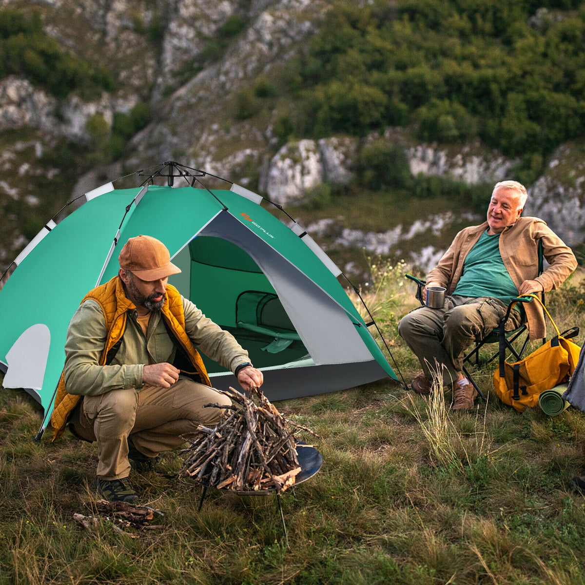 2-in-1 4 Person Instant Pop-up Waterproof Camping Tent-Green-Tents-DECOROLALA