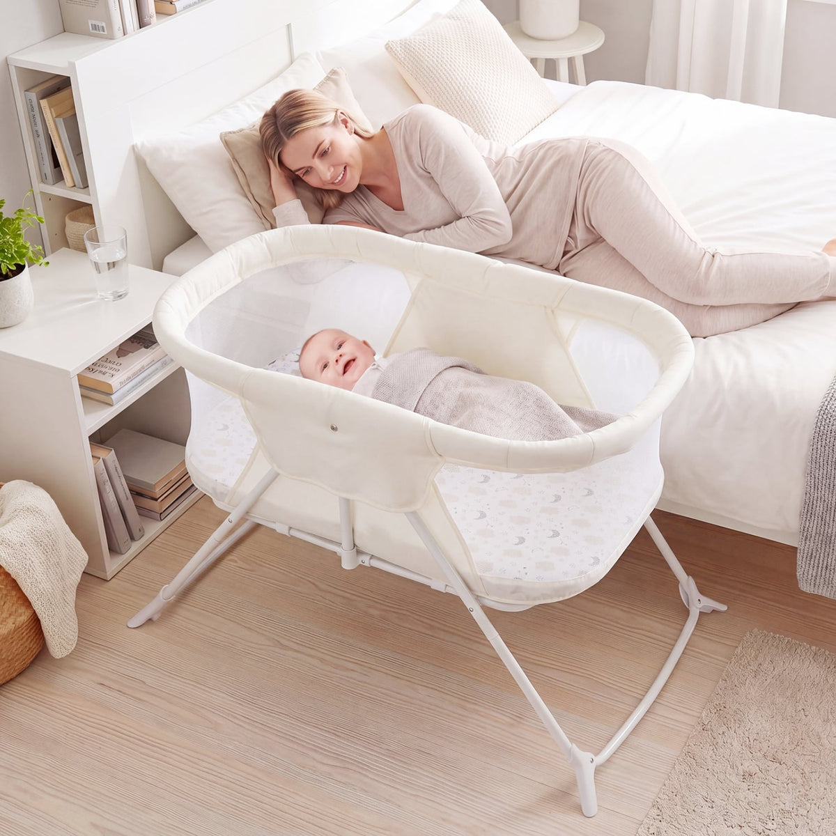 2 in 1 Baby Bassinet with Rocking Motion Foldable Bedside Sleeper with Breathable Mesh-Beige-Bassinets & Bedside Sleepers-DECOROLALA