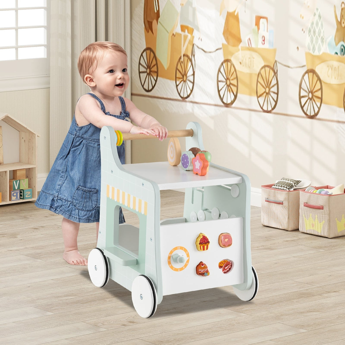 2-in-1 Baby Walker with Storage and Ice Creams for 1+ Years Old-Light Green-Baby Activity Toys-DECOROLALA