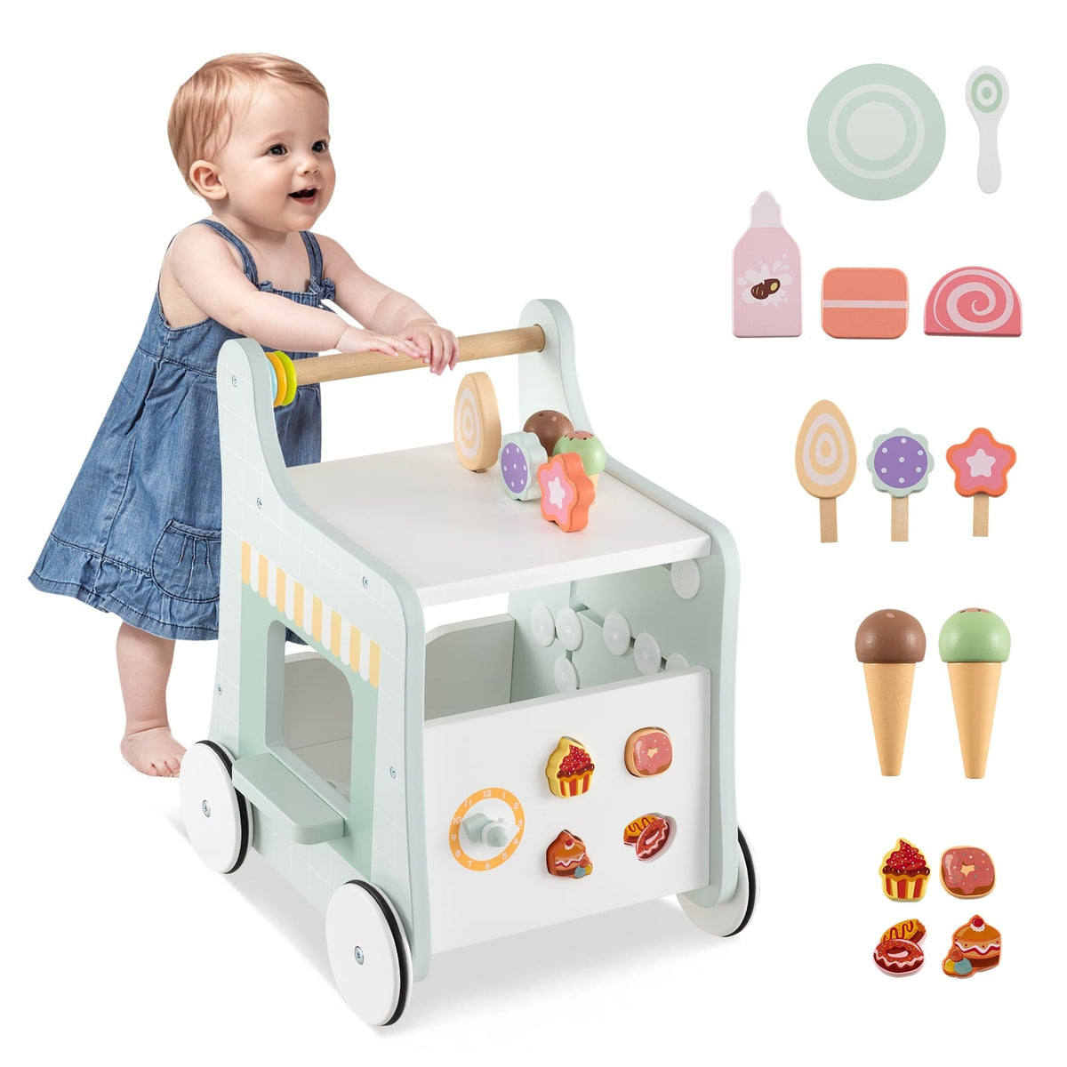 2-in-1 Baby Walker with Storage and Ice Creams for 1+ Years Old-Light Green-Baby Activity Toys-DECOROLALA