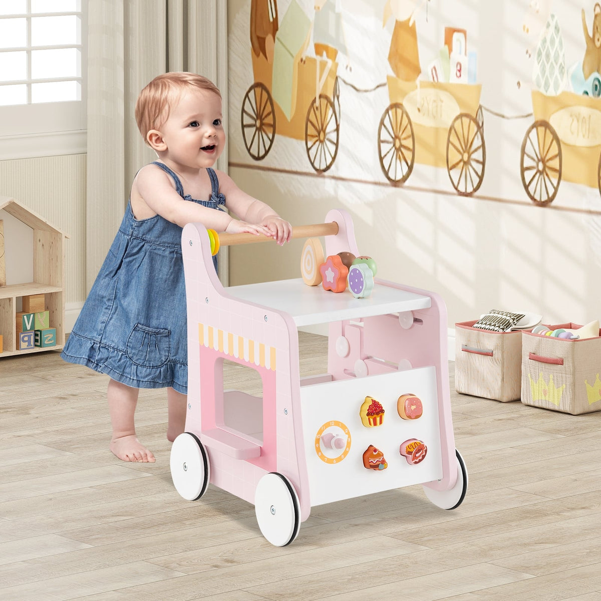 2-in-1 Baby Walker with Storage and Ice Creams for 1+ Years Old-Pink-Baby Activity Toys-DECOROLALA