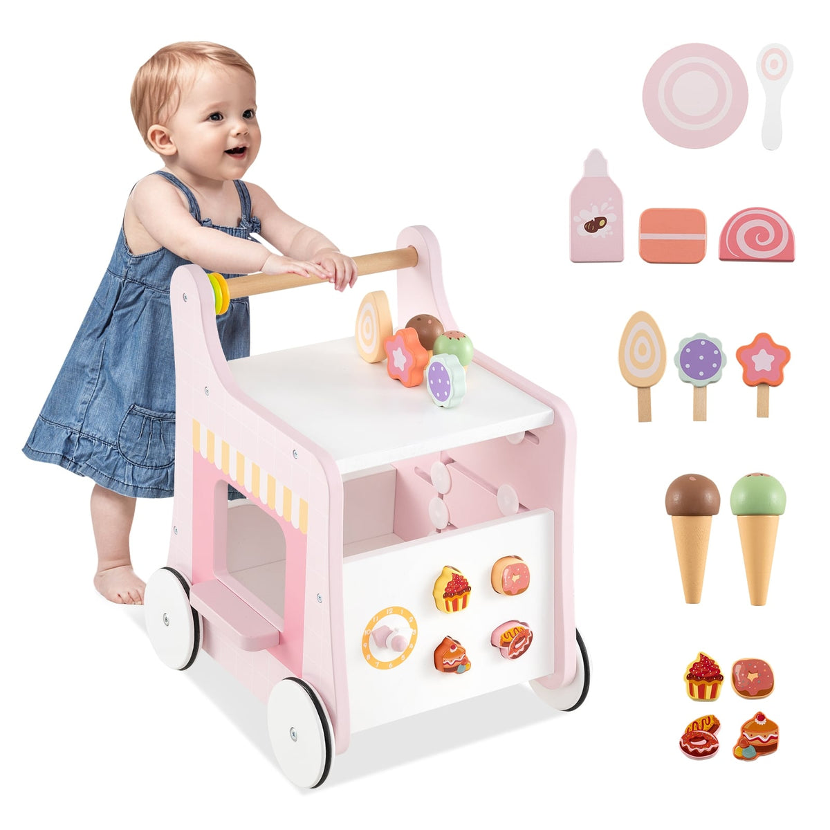 2-in-1 Baby Walker with Storage and Ice Creams for 1+ Years Old-Pink-Baby Activity Toys-DECOROLALA