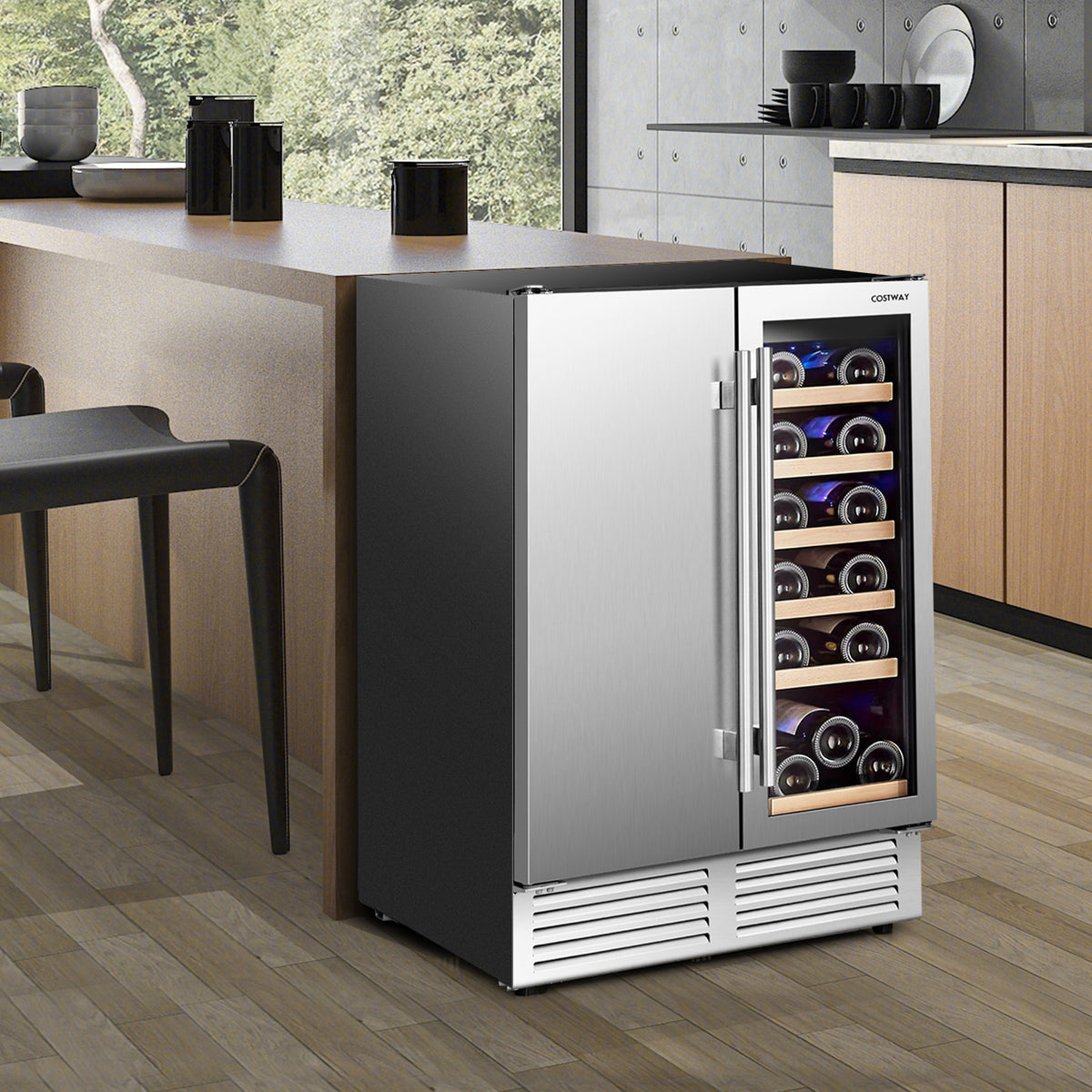 2-in-1 Beverage and Wine Cooler with Independent Temperature Control and LED Lights-Silver-Wine & Beverage Coolers-DECOROLALA