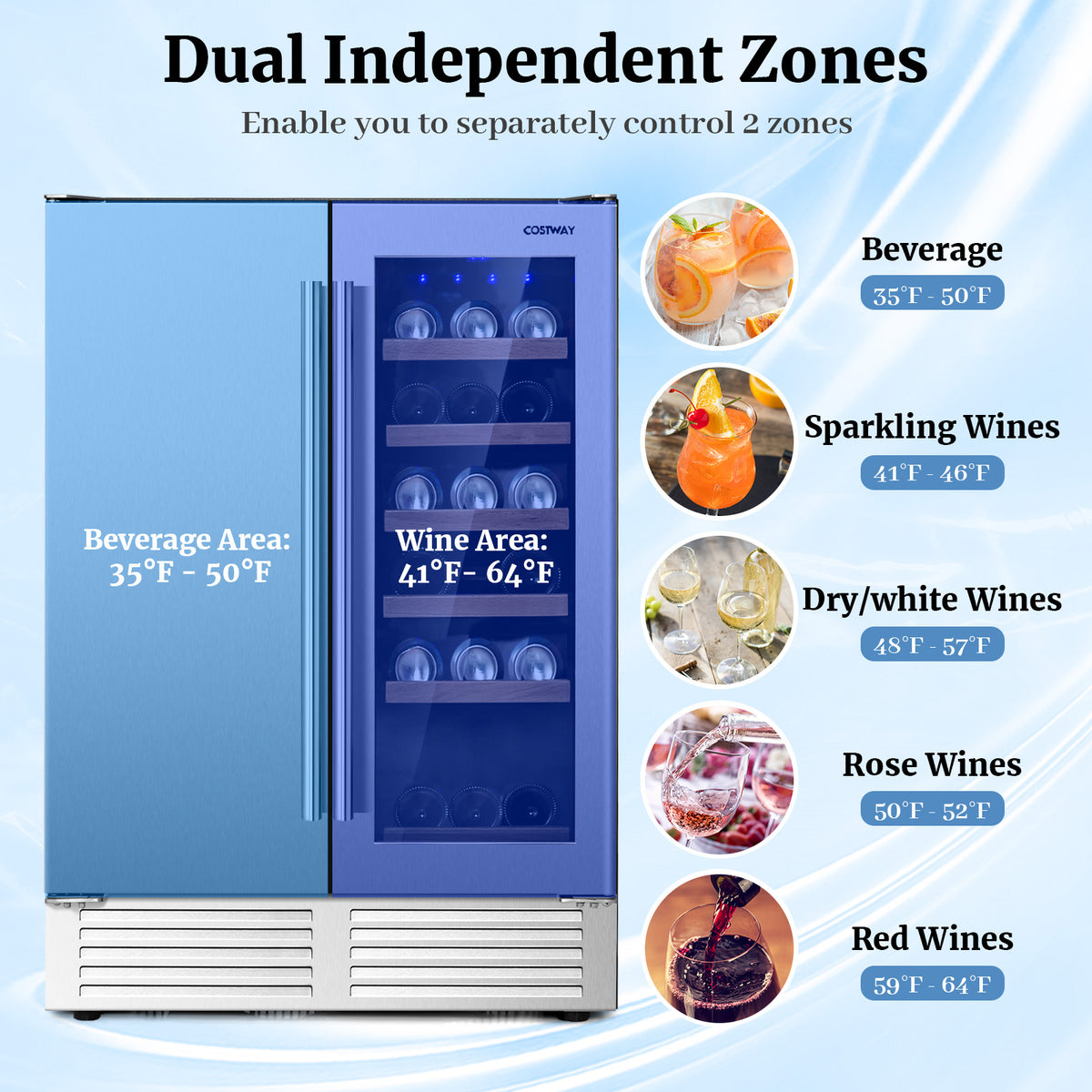 2-in-1 Beverage and Wine Cooler with Independent Temperature Control and LED Lights-Silver-Wine & Beverage Coolers-DECOROLALA
