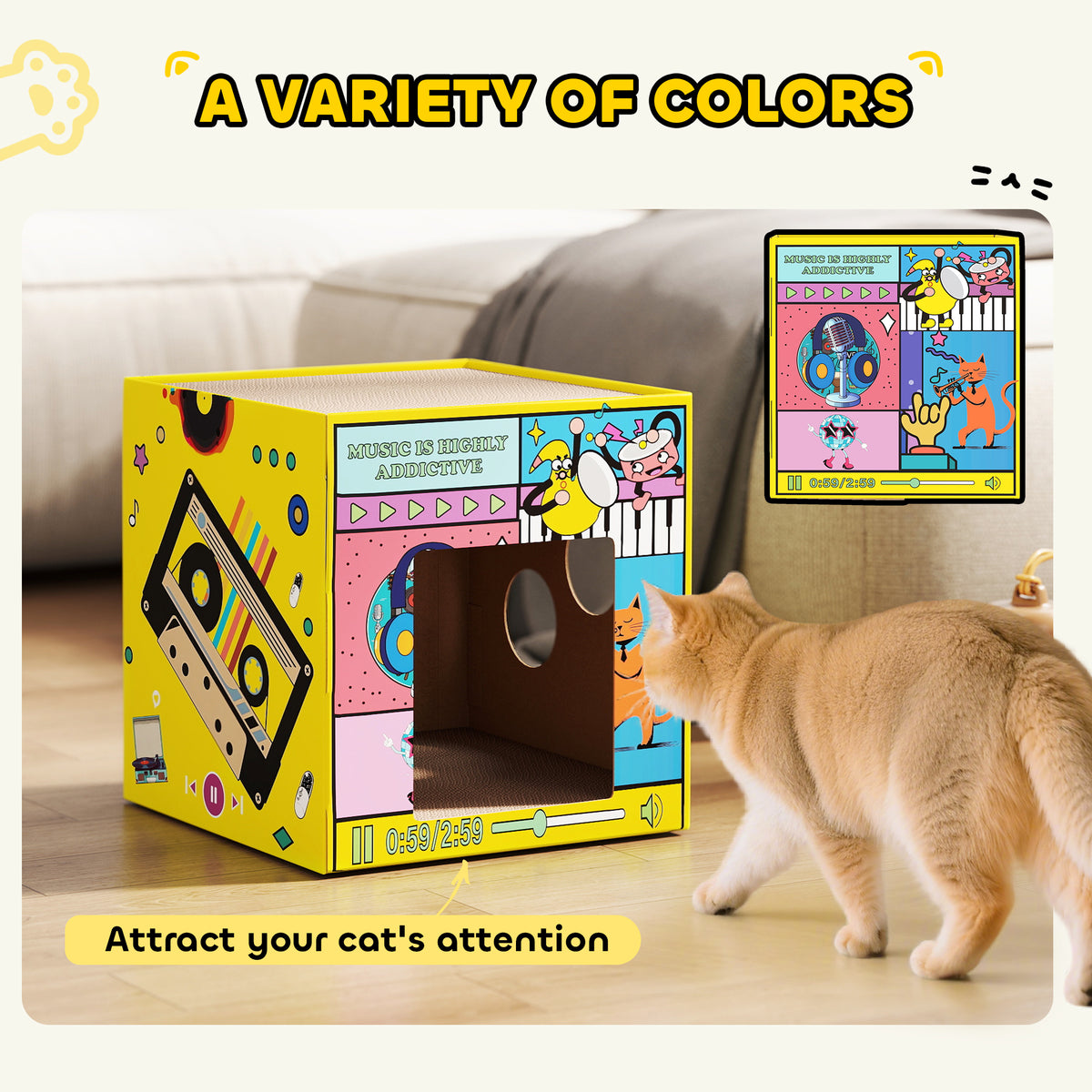 2-in-1 Cardboard Cat House with Scratcher and Catnip - Yellow-Cats-DECOROLALA
