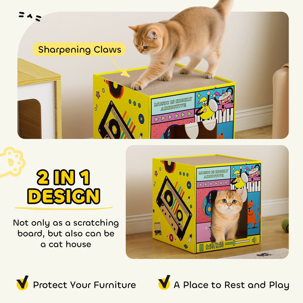 2-in-1 Cardboard Cat House with Scratcher and Catnip - Yellow-Cats-DECOROLALA