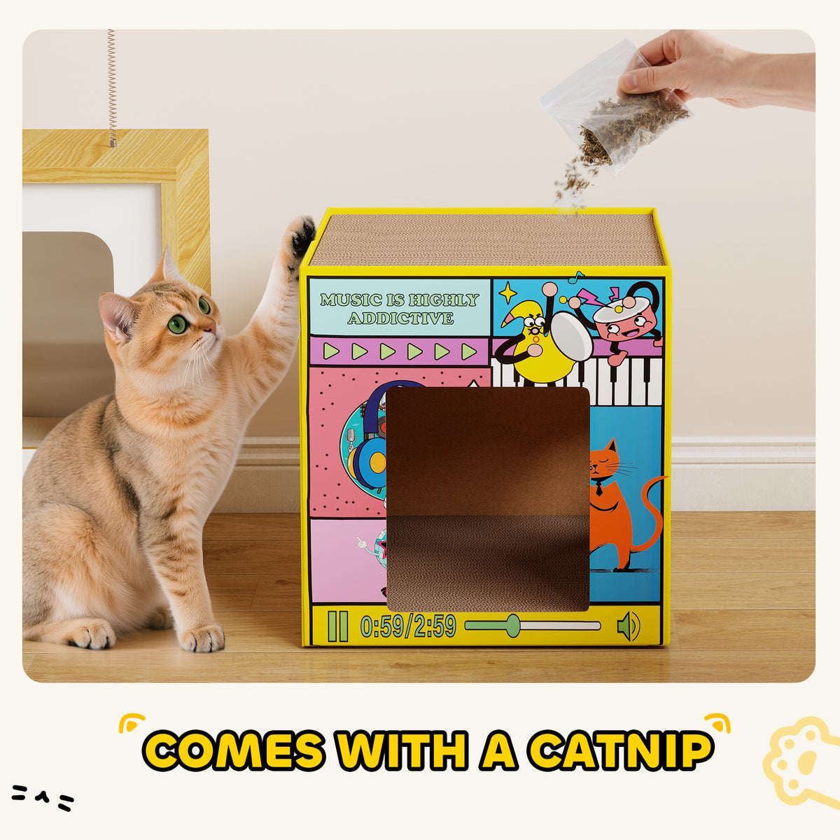 2-in-1 Cardboard Cat House with Scratcher and Catnip - Yellow-Cats-DECOROLALA