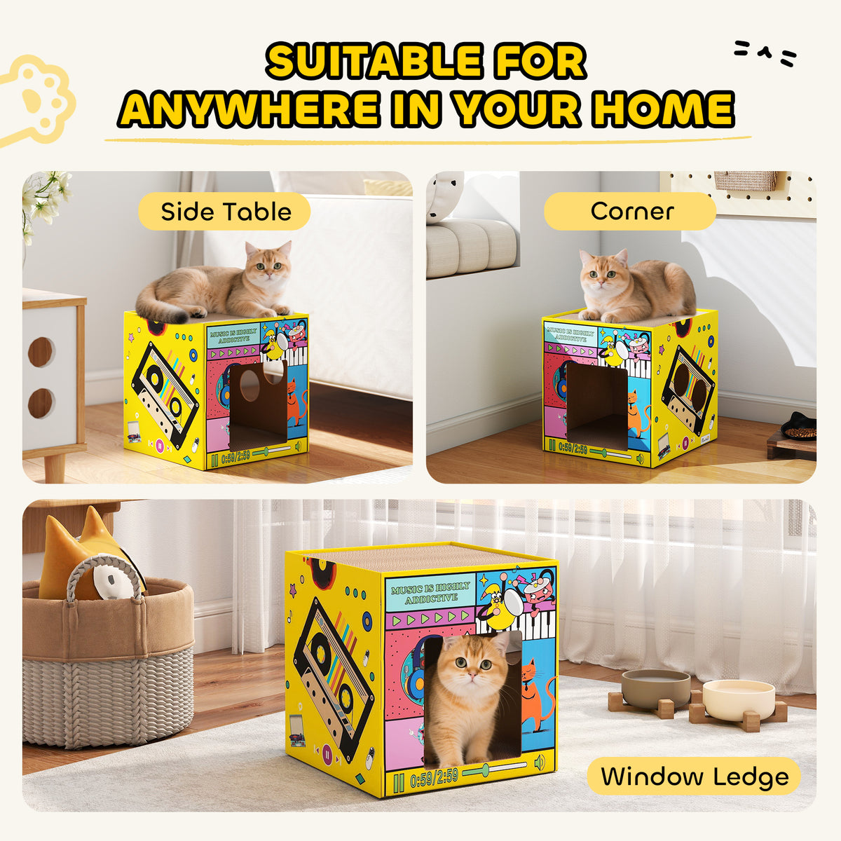 2-in-1 Cardboard Cat House with Scratcher and Catnip - Yellow-Cats-DECOROLALA