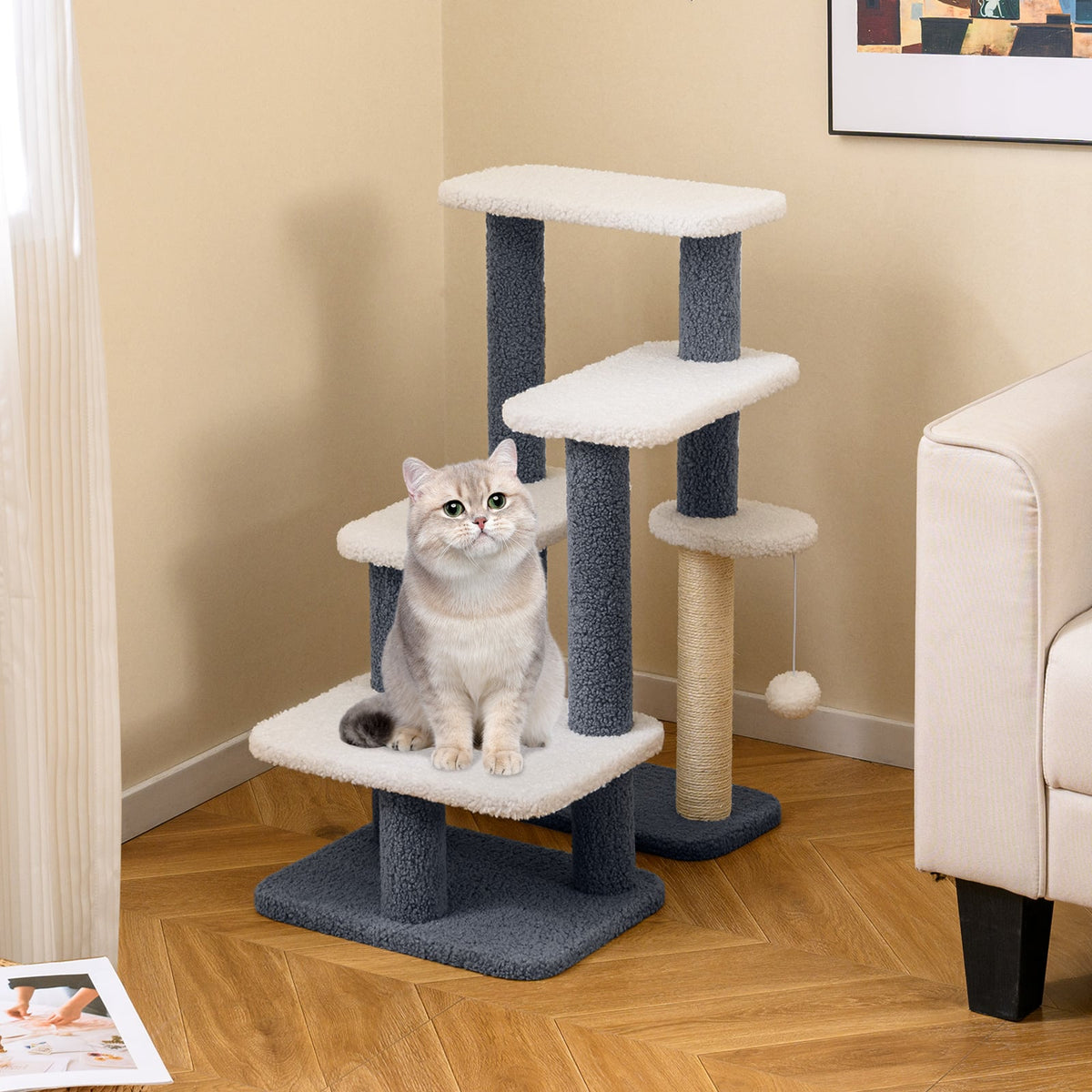 2-in-1 Cat Stairs Cat Tree Tower with Scratching Posts and Hanging Toy Ball-Gray-Cat Trees & Scratchers-DECOROLALA