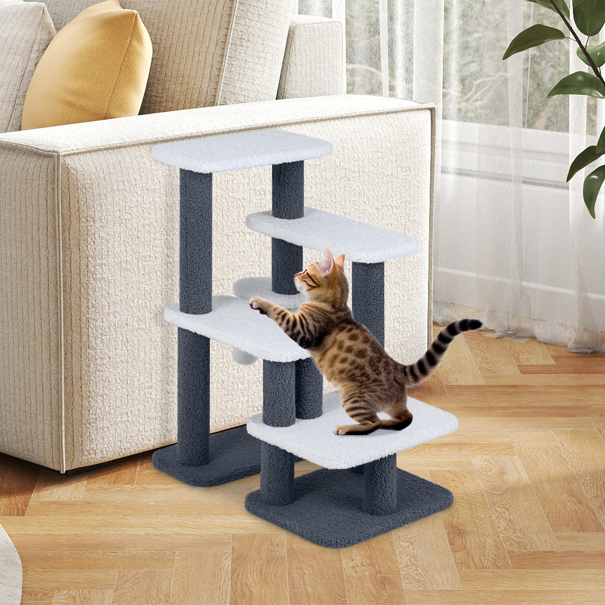 2-in-1 Cat Stairs Cat Tree Tower with Scratching Posts and Hanging Toy Ball-Gray-Cat Trees & Scratchers-DECOROLALA