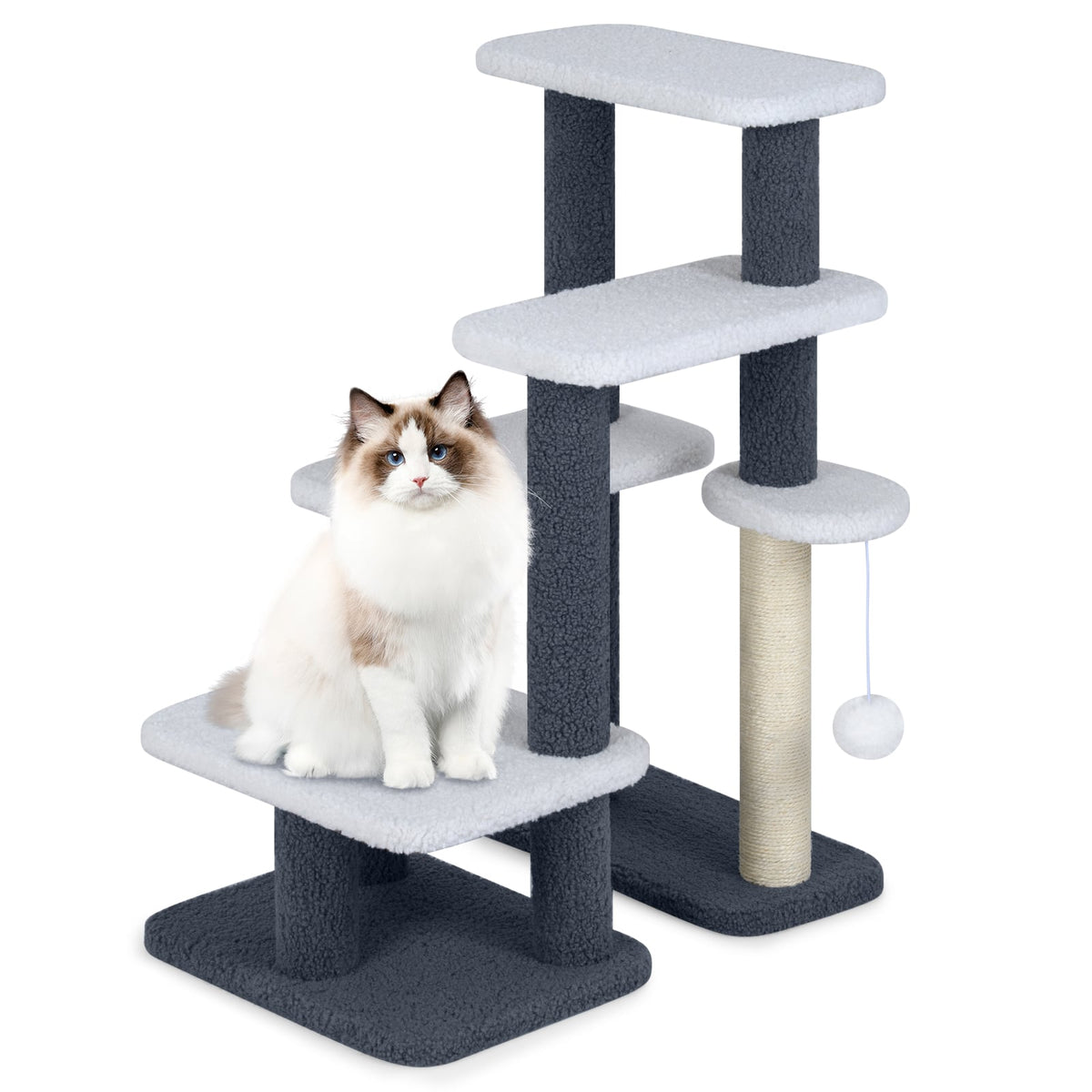 2-in-1 Cat Stairs Cat Tree Tower with Scratching Posts and Hanging Toy Ball-Gray-Cat Trees & Scratchers-DECOROLALA