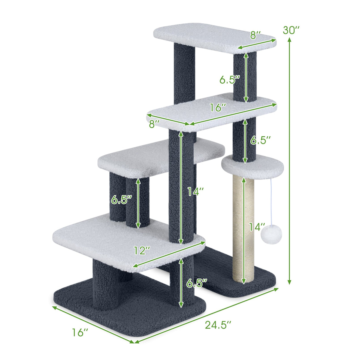 2-in-1 Cat Stairs Cat Tree Tower with Scratching Posts and Hanging Toy Ball-Gray-Cat Trees & Scratchers-DECOROLALA