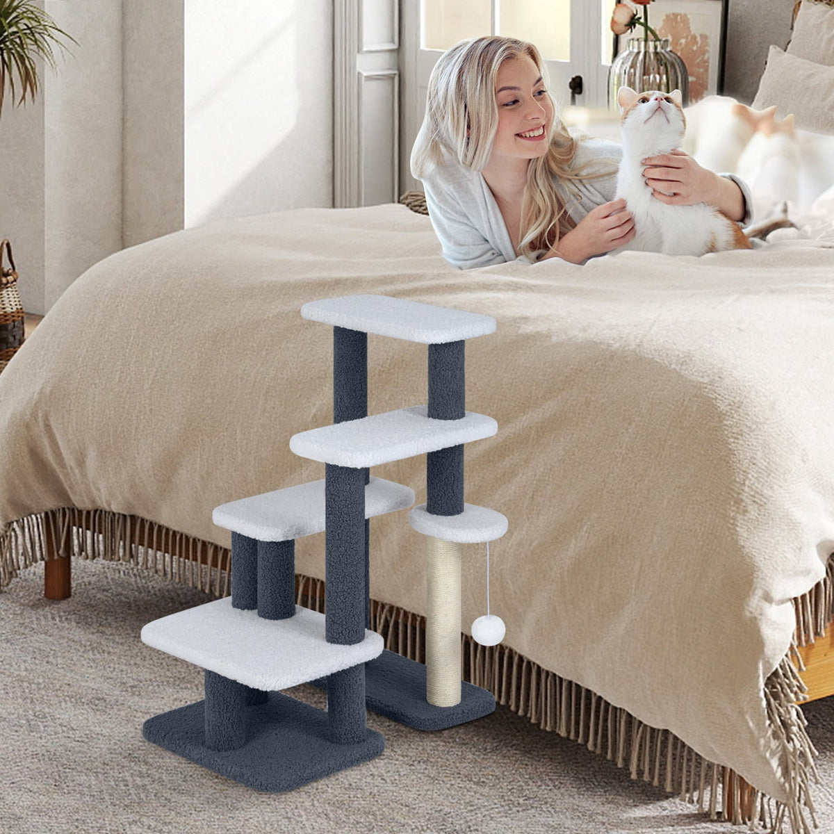 2-in-1 Cat Stairs Cat Tree Tower with Scratching Posts and Hanging Toy Ball-Gray-Cat Trees & Scratchers-DECOROLALA