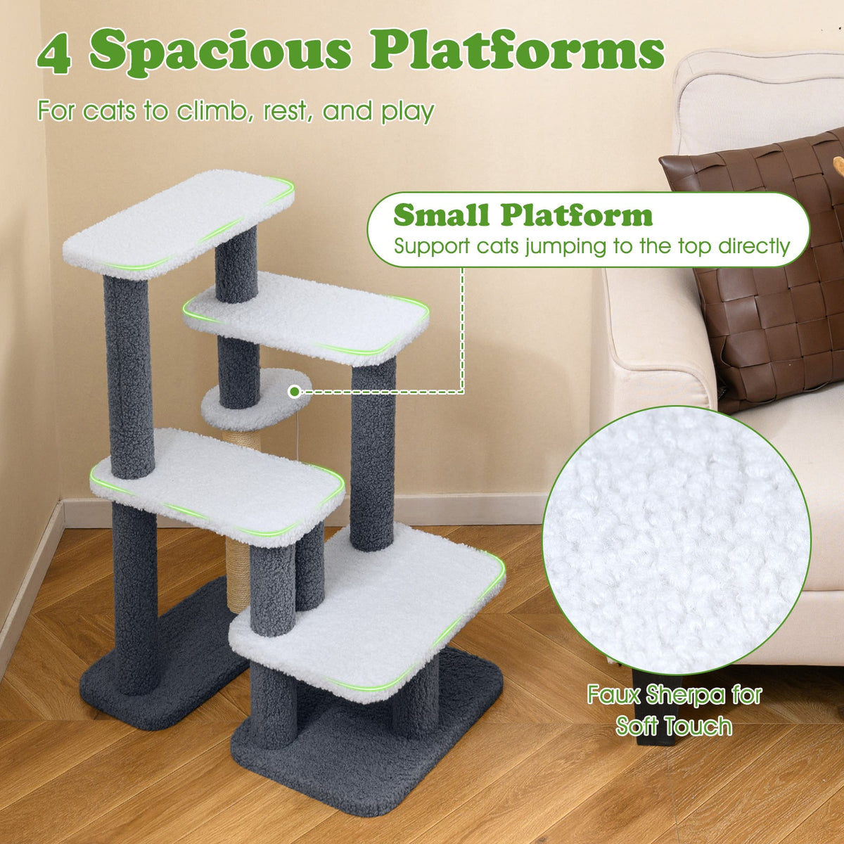 2-in-1 Cat Stairs Cat Tree Tower with Scratching Posts and Hanging Toy Ball-Gray-Cat Trees & Scratchers-DECOROLALA
