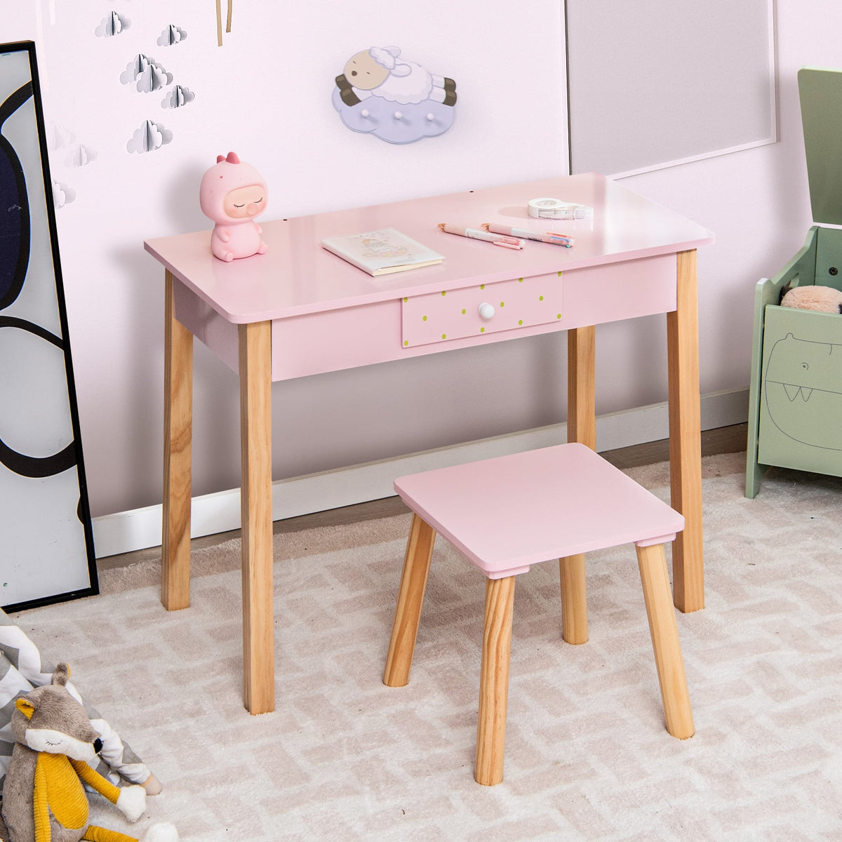 2-in-1 Children Vanity Table Stool Set with Mirror-Pink-Kids Vanities-DECOROLALA