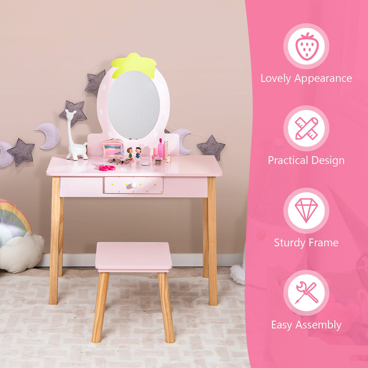 2-in-1 Children Vanity Table Stool Set with Mirror-Pink-Kids Vanities-DECOROLALA