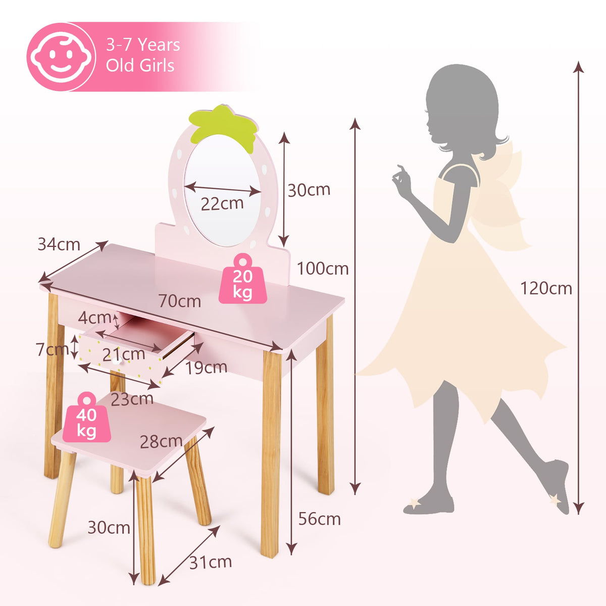2-in-1 Children Vanity Table Stool Set with Mirror-Pink-Kids Vanities-DECOROLALA