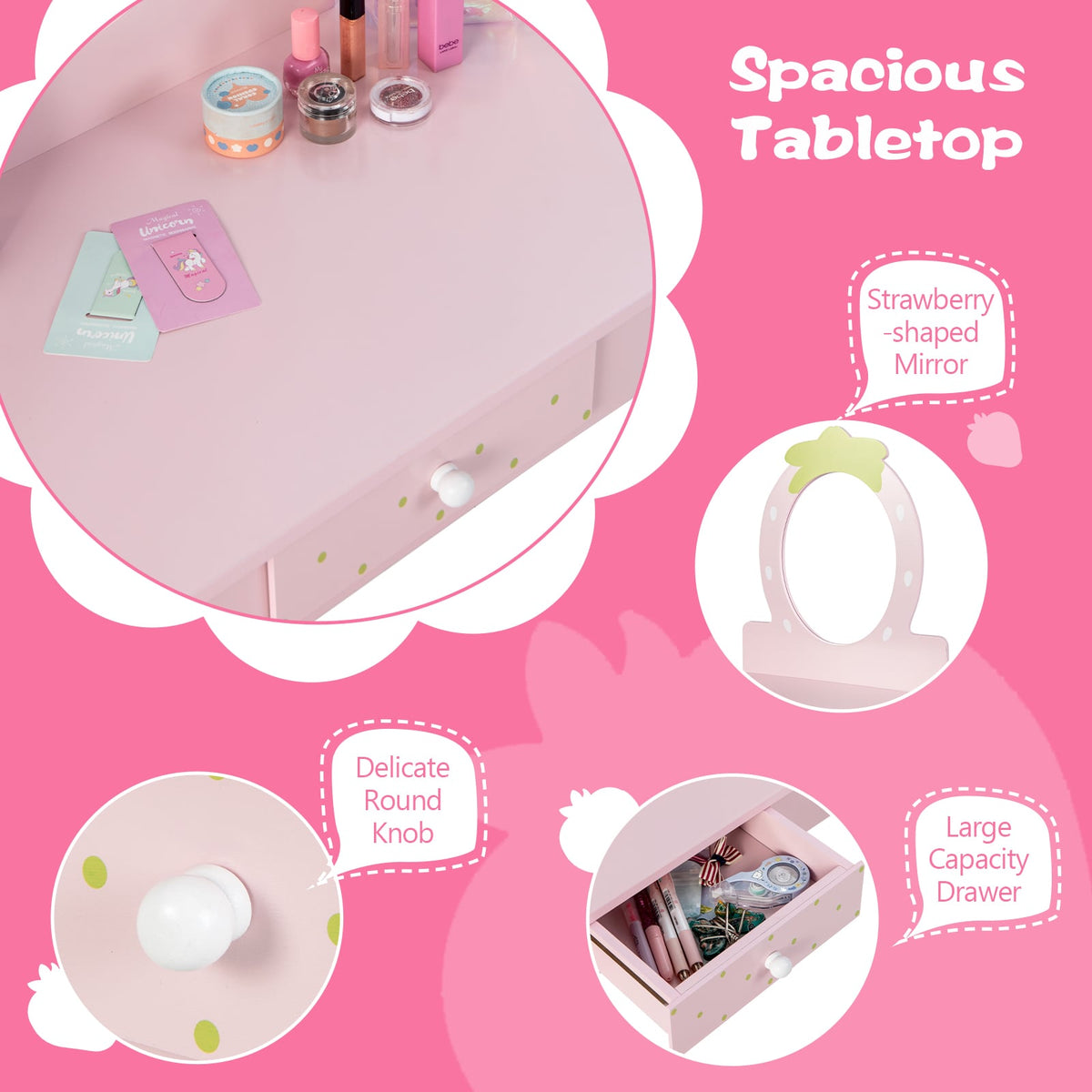 2-in-1 Children Vanity Table Stool Set with Mirror-Pink-Kids Vanities-DECOROLALA