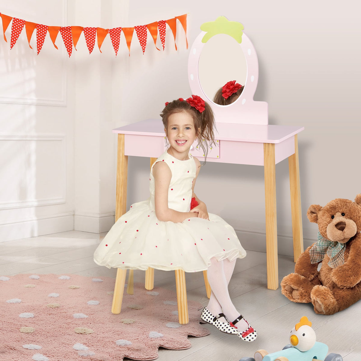 2-in-1 Children Vanity Table Stool Set with Mirror-Pink-Kids Vanities-DECOROLALA
