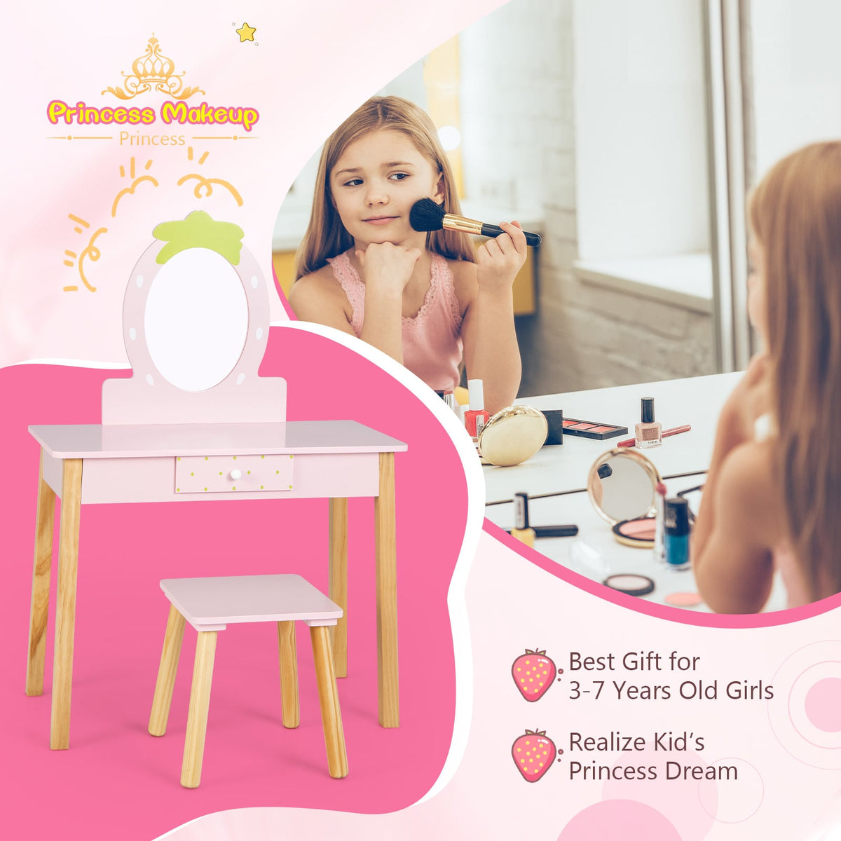 2-in-1 Children Vanity Table Stool Set with Mirror-Pink-Kids Vanities-DECOROLALA