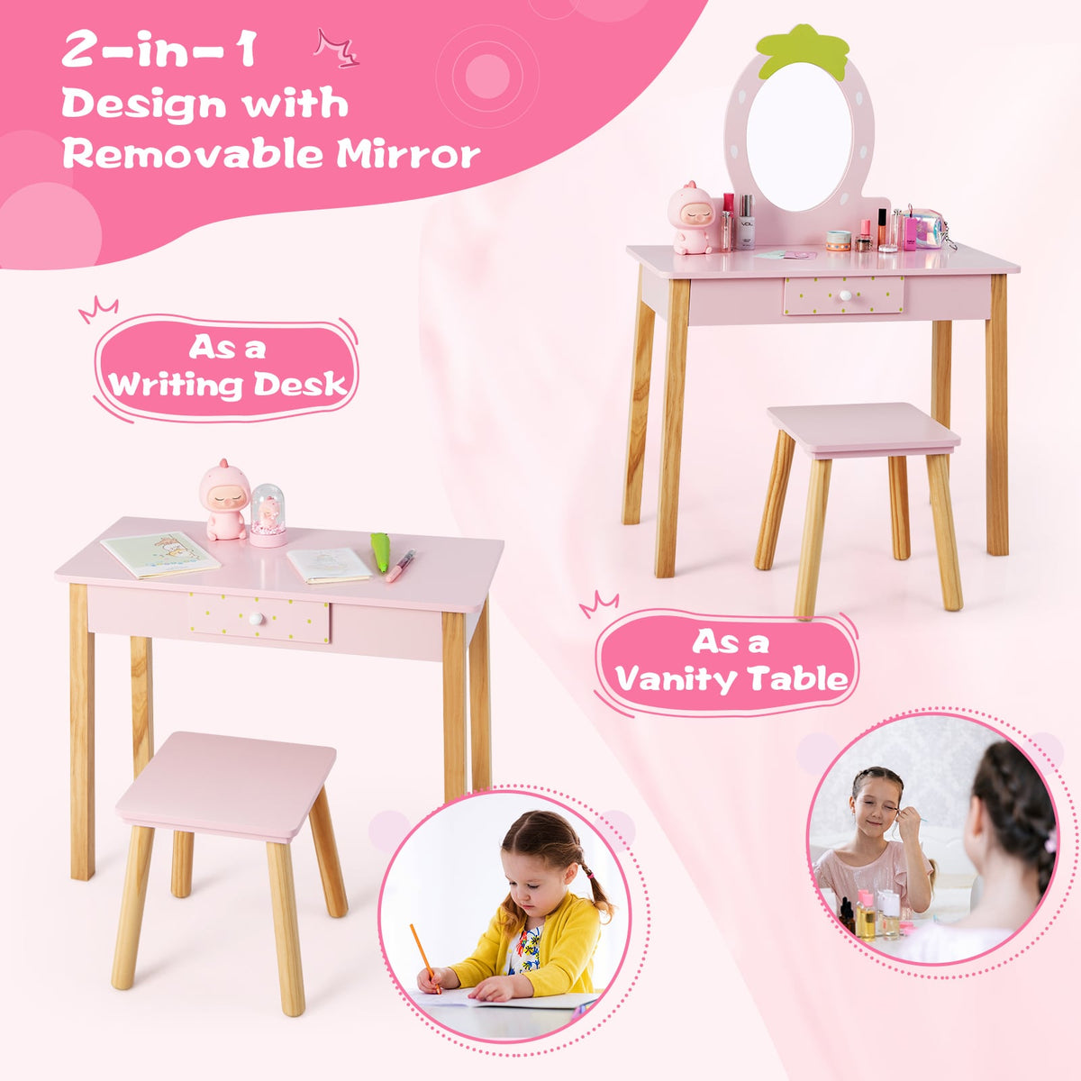 2-in-1 Children Vanity Table Stool Set with Mirror-Pink-Kids Vanities-DECOROLALA