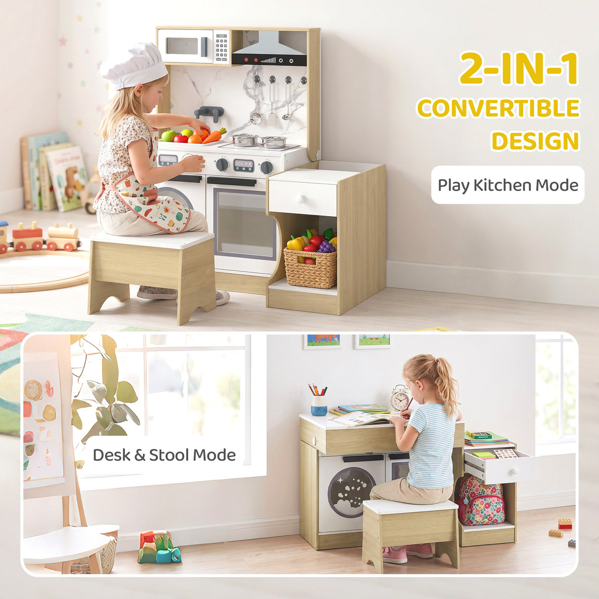 Kids Kitchen Playset, 2-in-1 Convertible Table and Chair Set with Sink, Oven, Microwave, Accessories for 3-8-Toys & Games > Baby & Toddler Toys > Toy Playsets > Play Kitchen-DECOROLALA